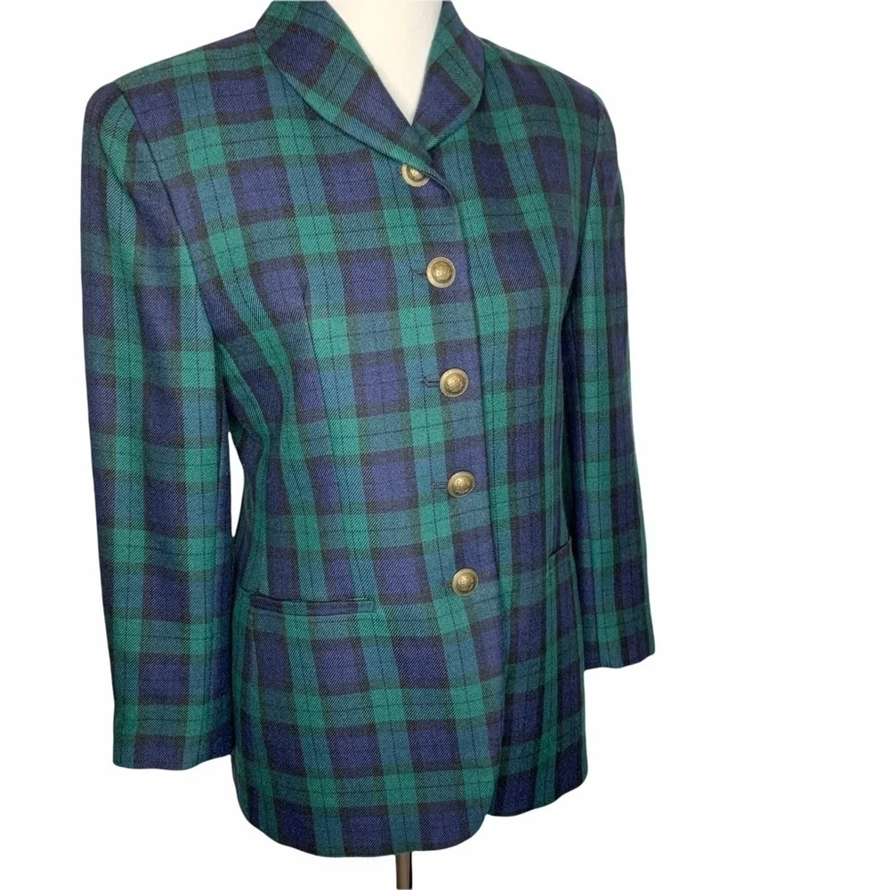 Y2K Rena Rowan Saville Wool Blend Tartan Plaid Blazer Brass Buttons Size 10P